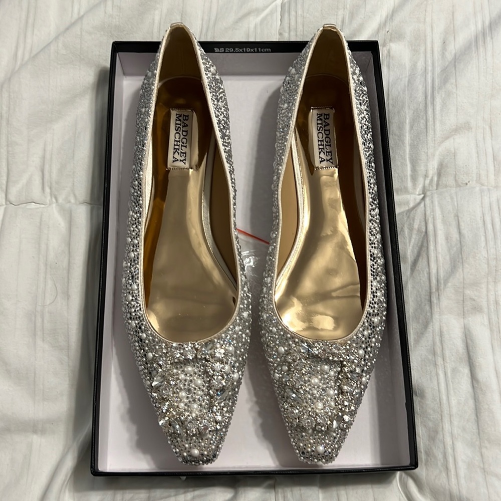 Badgley Mischka Ronda Satin Pearl & Diamond Studded Flat